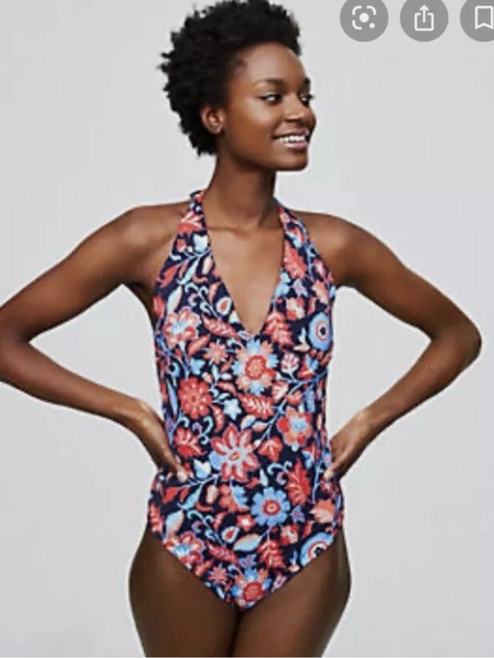 LOFT Floral Halter One-Piece Swimsuit - Navy with Coral & Light Blue Flowers